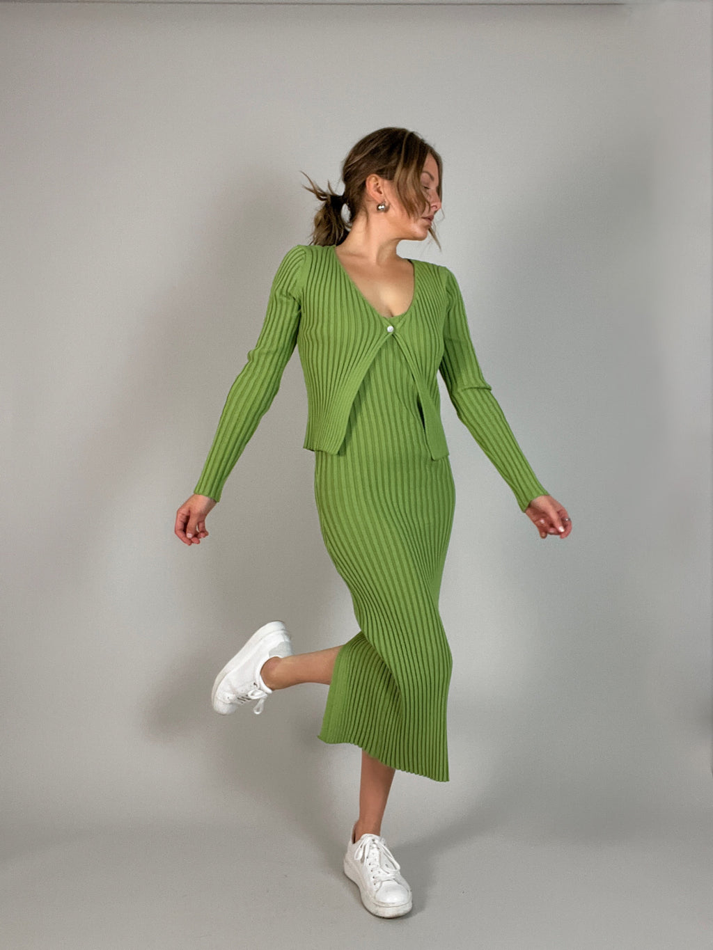 Lime Cardigan Dress Knit Set
